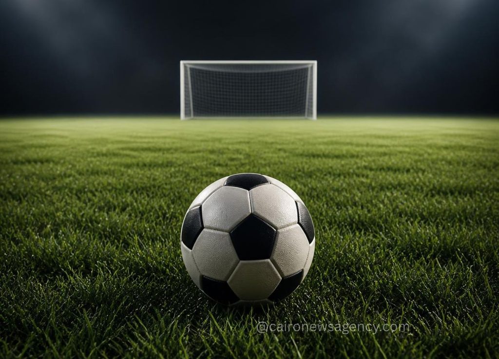 Soccer ball on a grassy field with a goal glowing in the distance under stadium lights.