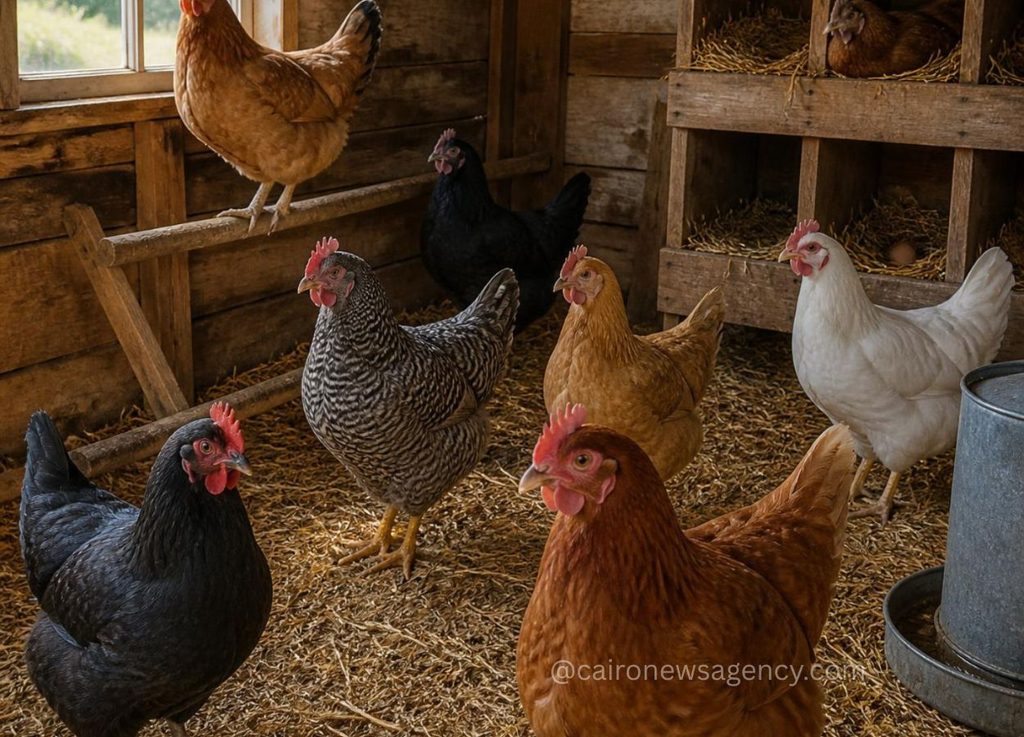 Inside a wooden chicken coop, multiple colored chickens stand on straw by a nesting area and feeder, near a window letting light in.